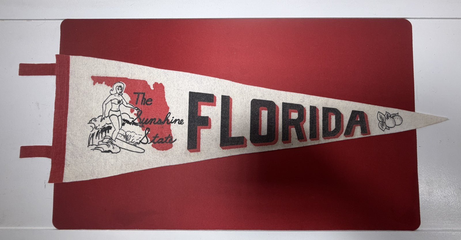 Vintage Florida Sunshine State Felt Pennant Surfer Girl Oranges State Map 1960s