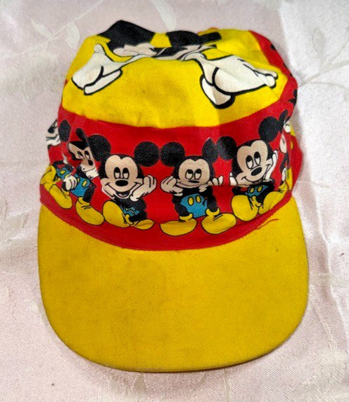 Vintage Disney Mickey Mouse Painters Cap Hat Yellow Red All Over Print 90s Kids