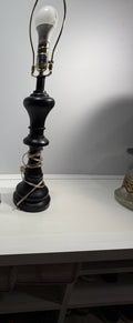 Vintage Black Painted Wood Turned Spindle Table Lamp Brass Harp Colonial 22in