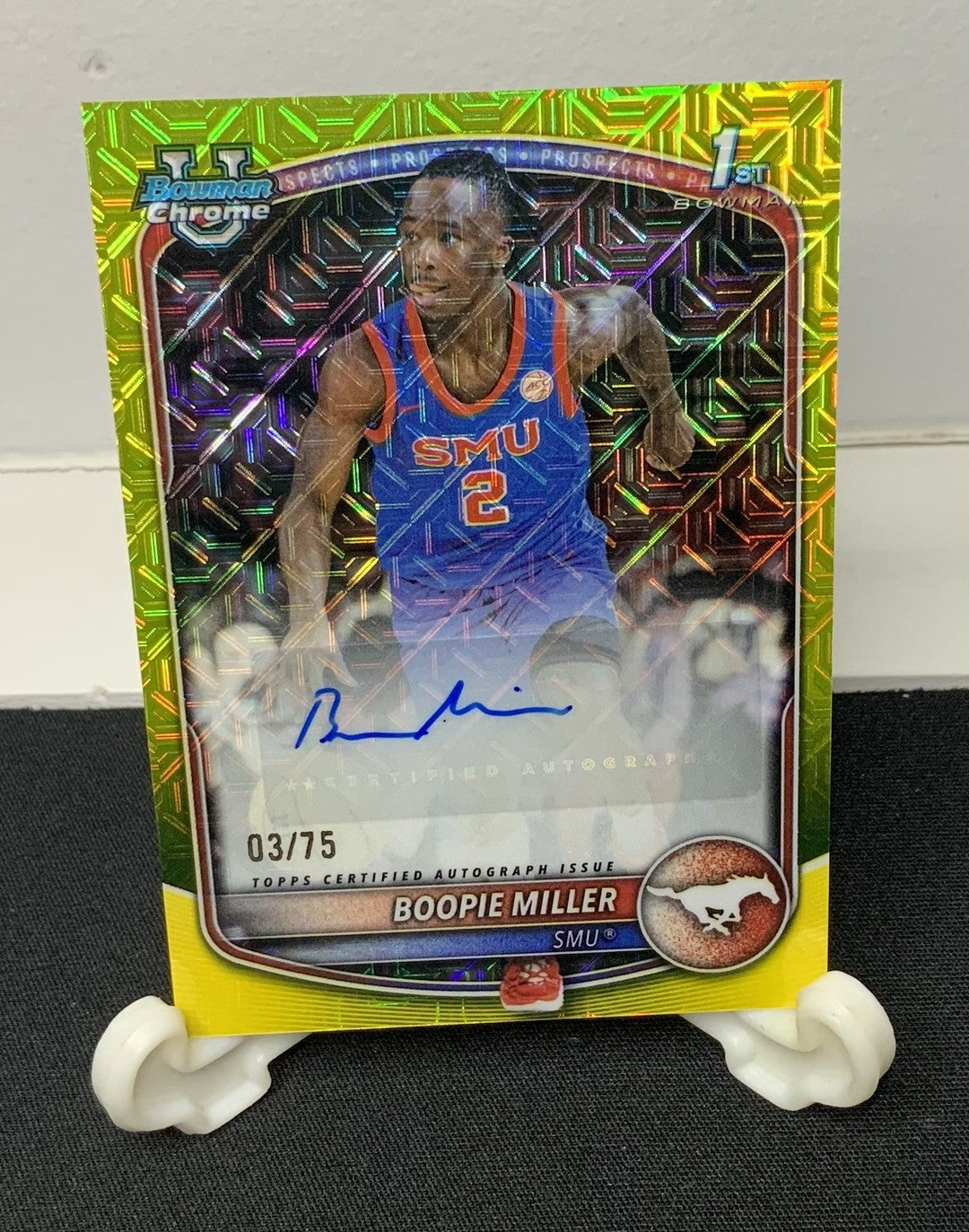 Boopie Miller 2025-26 Bowman U Chrome CPA-BR Yellow Mojo Auto /75 SMU RC 03/75