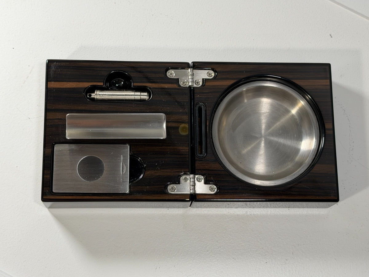 Macassar Ebony Lacquered Cigar Desk Valet Set Ashtray Punch Cutter Stainless