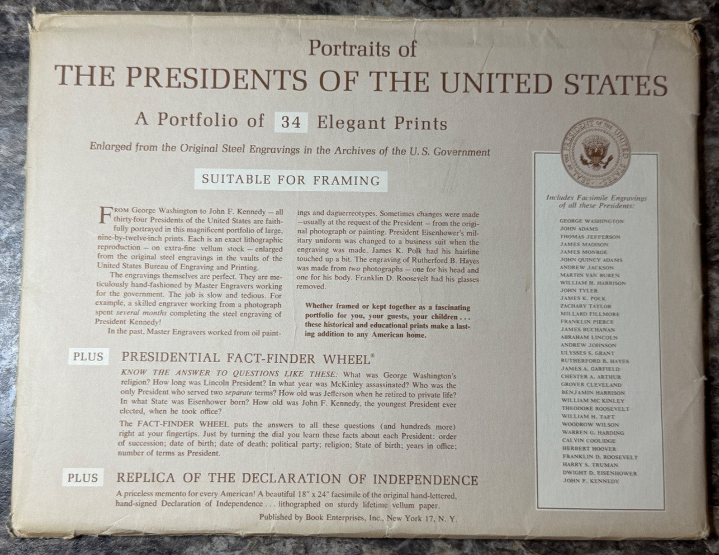 Portraits of Presidents United States Portfolio 34 Prints Book Enterprises NM