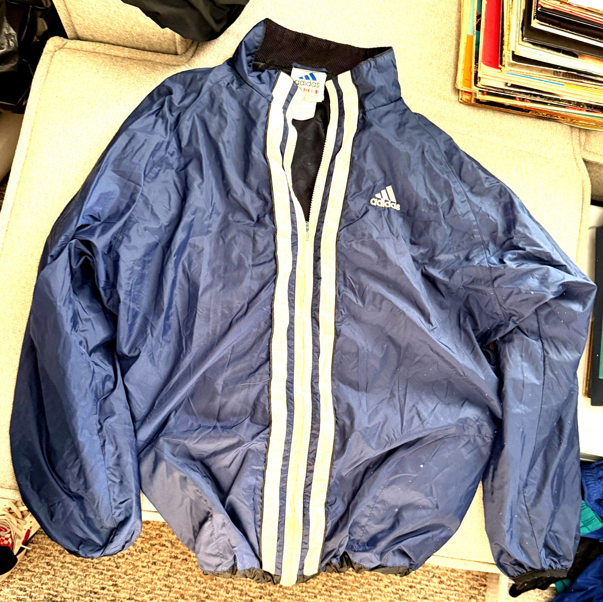 Vintage Adidas Windbreaker Jacket Mens XL Navy Cream 3 Stripe Full Zip 90s Y2K