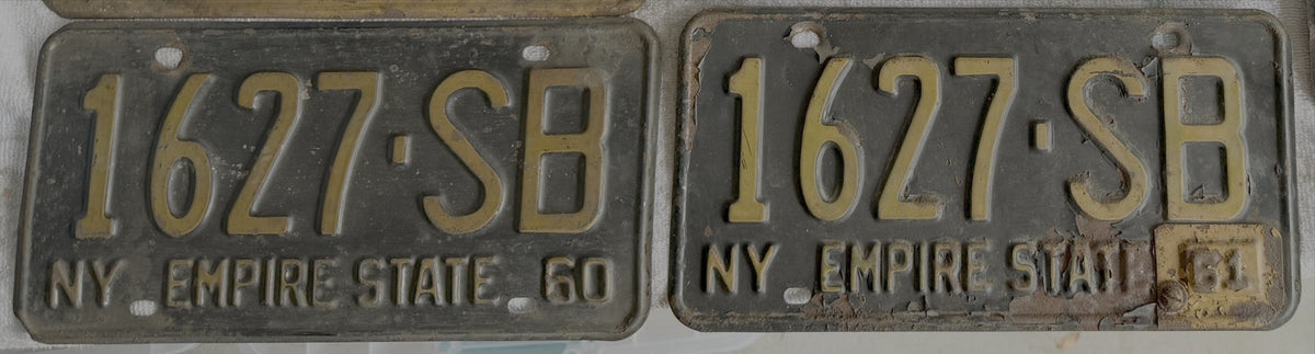 1960 1961 NY Empire State License Plate MATCHED PAIR 1627-SB Original Antique