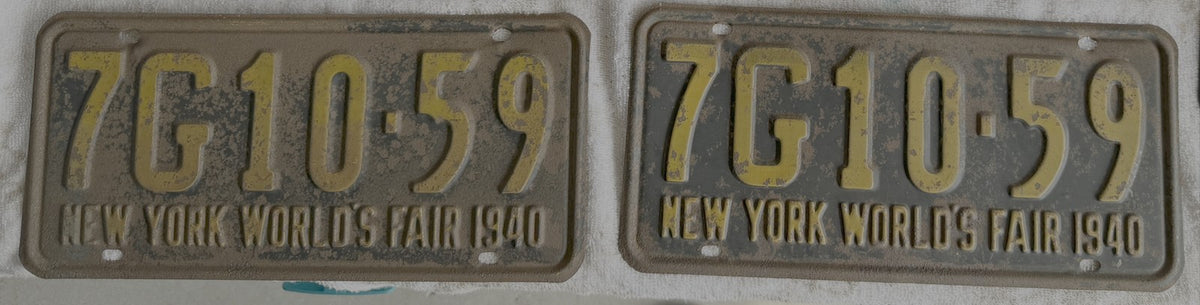 1940 NY Worlds Fair License Plate MATCHED PAIR 7G10-59 Original Antique Tag