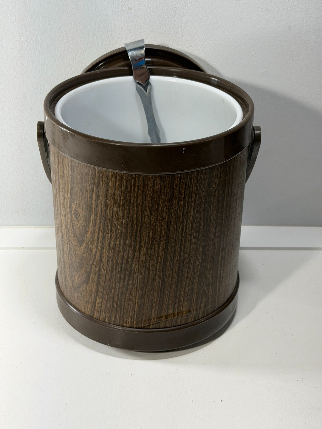 Vintage Atapco Ice Bucket Brown Faux Wood Grain Chrome Lid MCM Barware USA 1970s