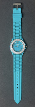 Geneva Ladies Watch Teal Silicone Strap Rhinestone Bezel Model 5573 Working