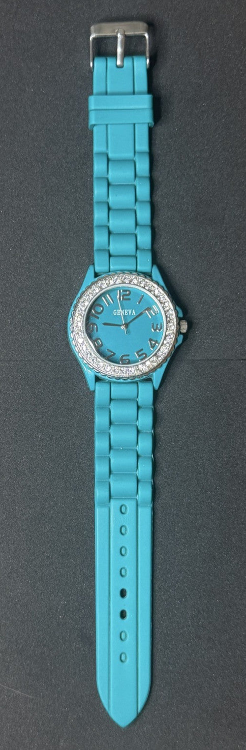 Geneva Ladies Watch Teal Silicone Strap Rhinestone Bezel Model 5573 Working