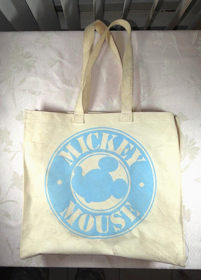 Disney Mickey Mouse Canvas Tote Bag Cream Blue Silhouette Logo Circle Print
