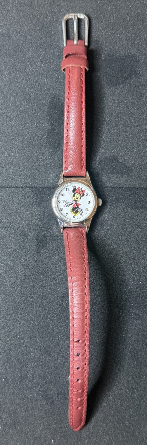 Disney Minnie Mouse MZB MCK371 Watch Red Leather Strap Silver Case Japan