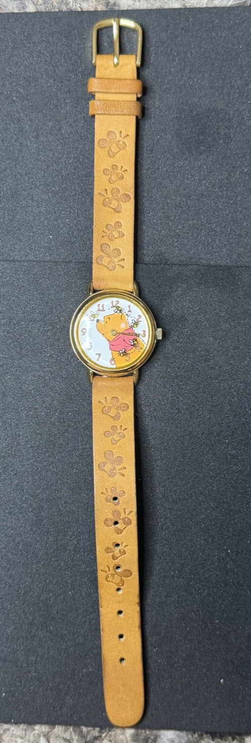 Timex Disney Winnie the Pooh Watch Honey Bees Embossed Leather Strap Gold Tone