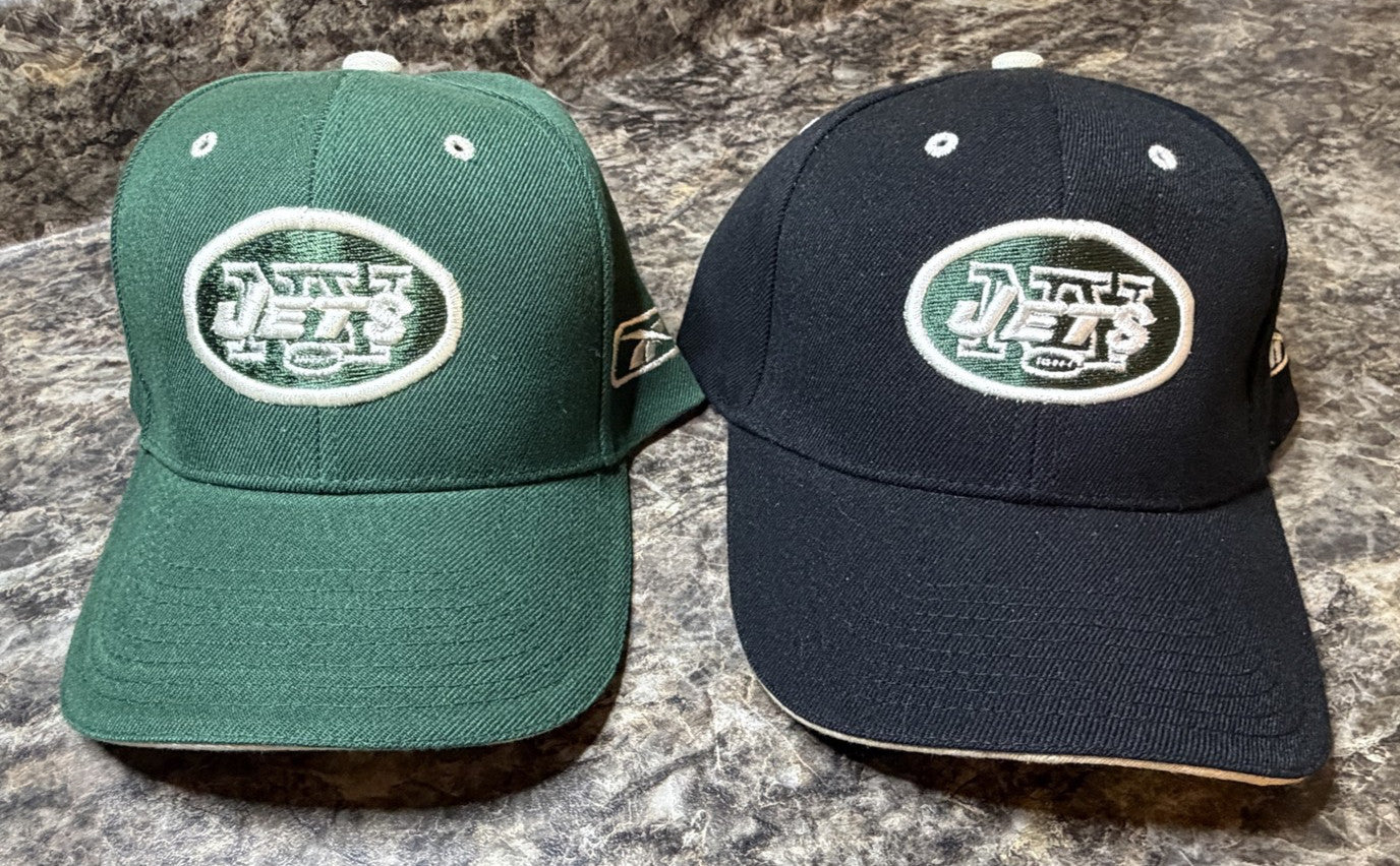 Reebok NY New York Jets Hat Lot Pair Green Black NFL Embroidered Caps Set 2