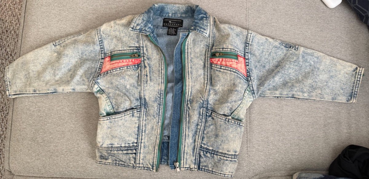 Vintage 80s Modern Maneuvers Acid Wash Cropped Denim Jacket Sz 6 Color Block