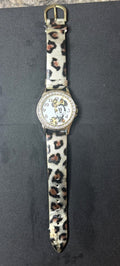 Disney Minnie Mouse MZB Watch Leopard Print Strap Gold Rhinestone Bezel Ladies