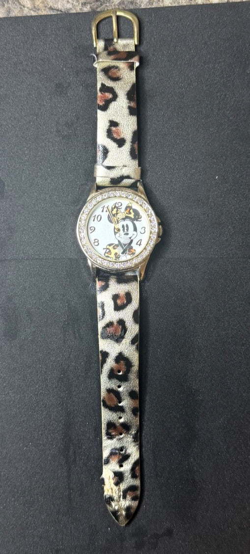 Disney Minnie Mouse MZB Watch Leopard Print Strap Gold Rhinestone Bezel Ladies