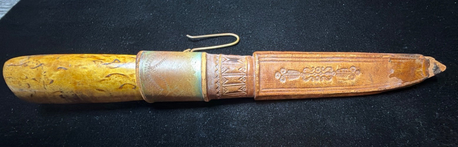 Vintage Puukko Knife Finland Engraved Blade Wood Handle w/ Sheath