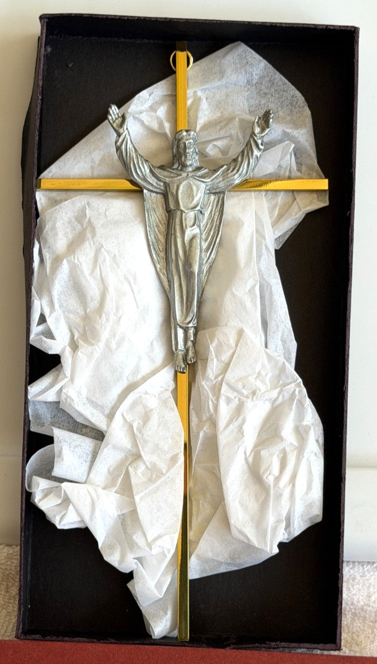 Vintage MCM Risen Christ Wall Cross Gold Brass Silver Christ Original Box USA