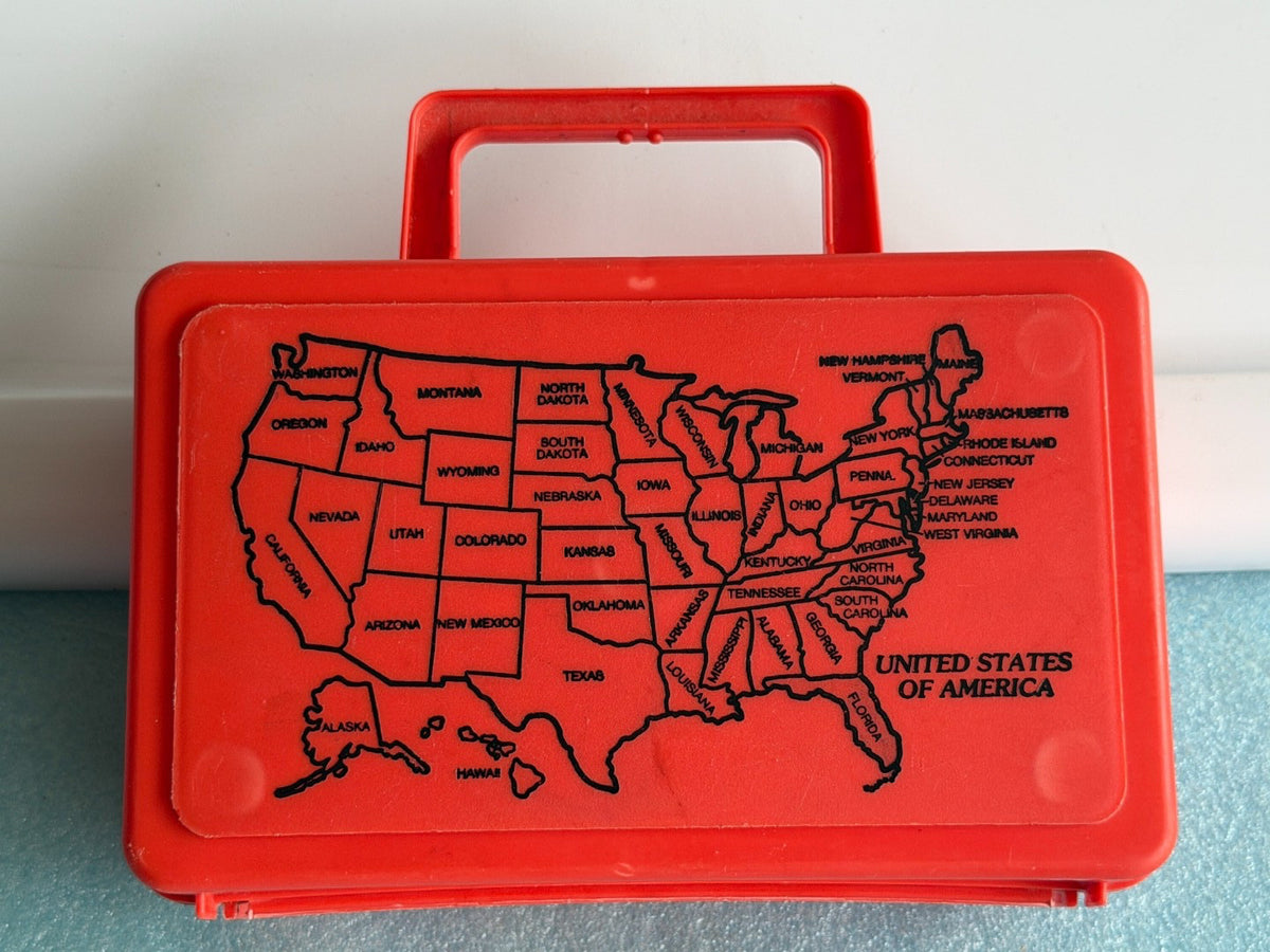 Vintage Whirley Industries Red Plastic USA Map Pencil Case Warren PA USA