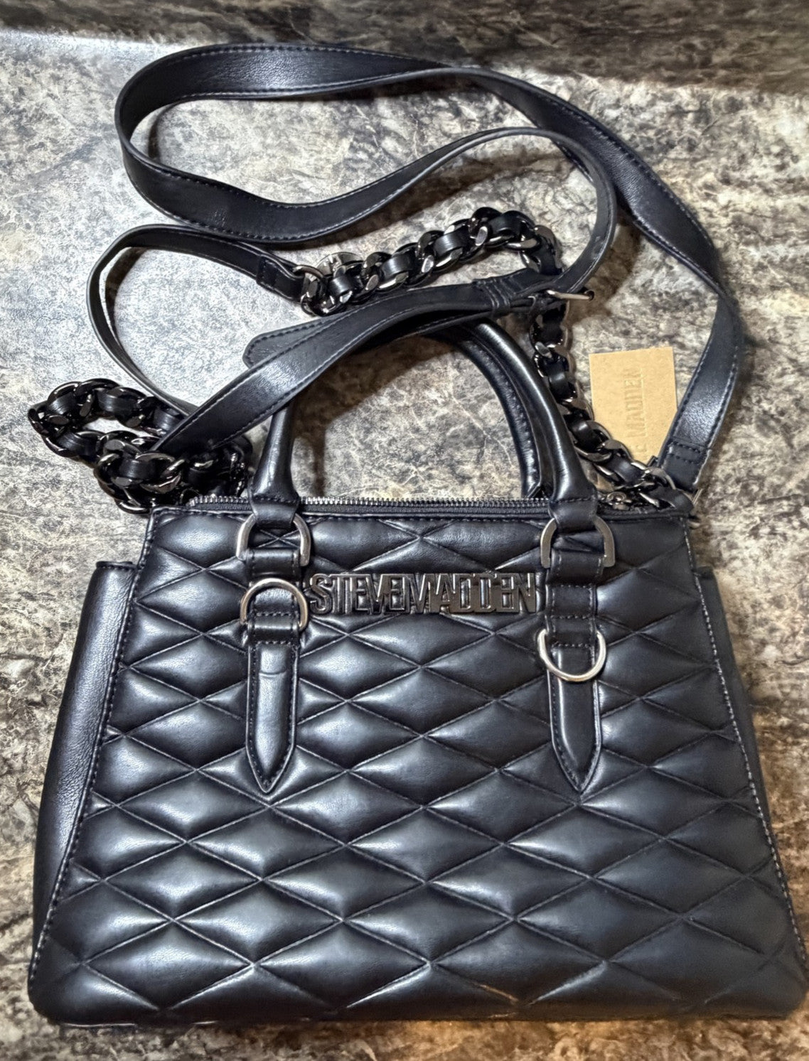Steve Madden Quilted Satchel Crossbody Bag Black Faux Leather Chain Strap NWT