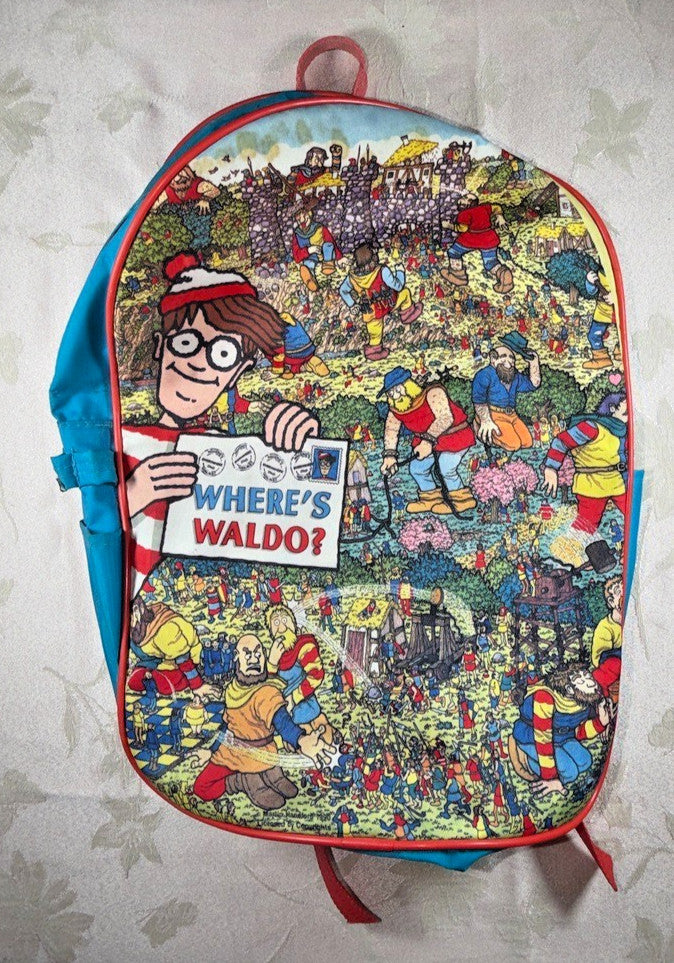 Vintage 1990 Wheres Waldo Kids Backpack Blue Red Martin Handford Scene Print